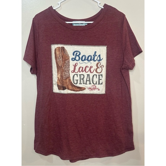 Southern Grace Tops - Southern Grace Women’s “Boots, Lace, & Grace” Burgundy Tee Size XL